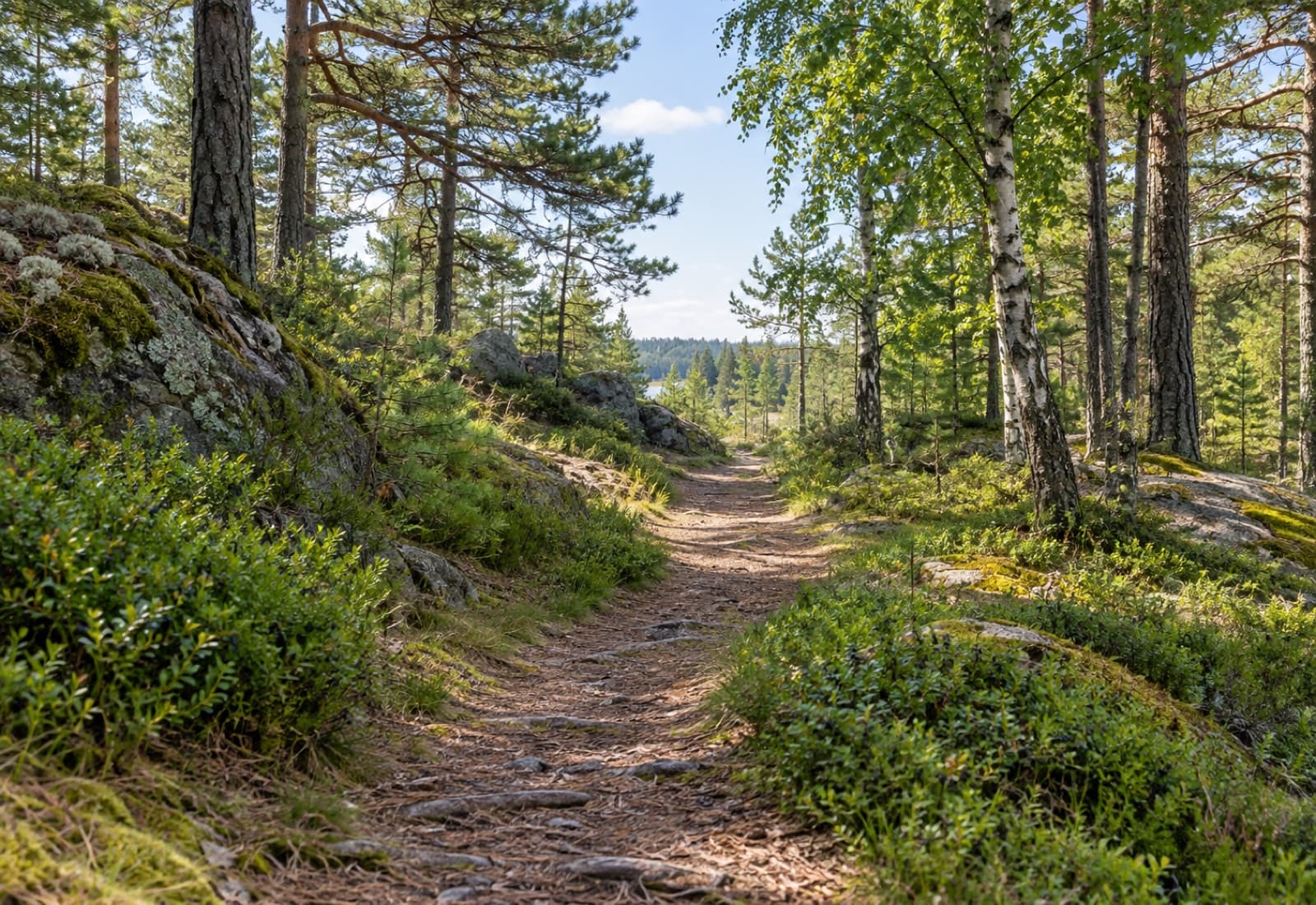 Illustrasjon av en rolig skogssti gjennom Hurummarka (AI-generert, ikke foto)