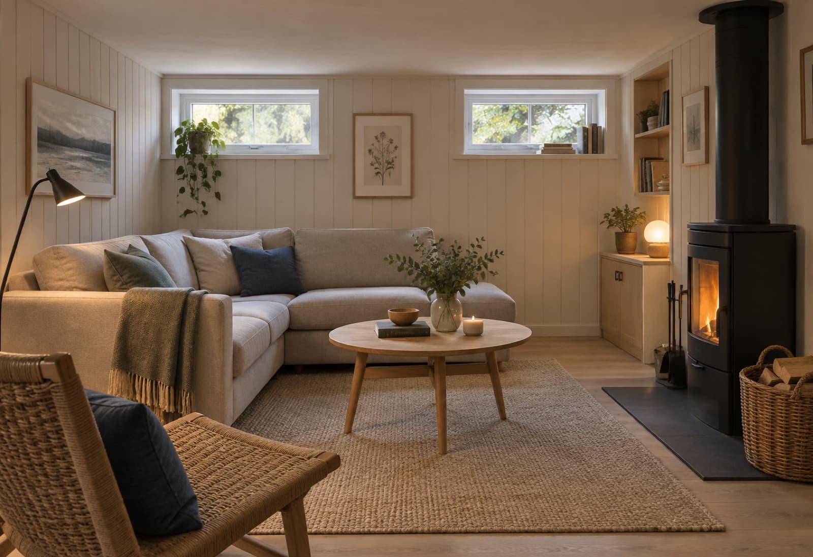 Illustrasjon av en lun kjellerstue med små vinduer og vedovn (AI-generert skisse, ikke foto)