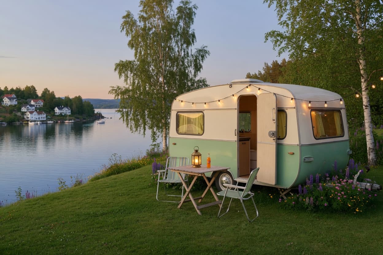 Illustrasjon av Vogna — retro campingvogn i hagen med Oslofjorden nedenfor (AI-generert skisse, ikke foto)